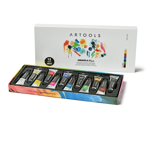 Aquarela Bisnaga Misci 6Ml - 12 Cores - Artools - Dissolva os planos. Assuma o (des)controle.A aquarela MISCI apresenta cores brilhantes e vibrantes mesmo após serem diluídas. No papel, as tintas possuem alta transparência, o que possibilita construir diversas camadas de cor, resultando em trabalhos com mais dimensões, texturas e efeitos. Possui boa resistência à luz, e vem em bisnagas de alumínio com 6ml cada. Disponível em 12 cores (não acompanha pincel). Recomendada para profissionais, estudantes e amantes/iniciantes da arte! - Goma natural, pigmento, água, glicerina, conservantes e aglutinantes