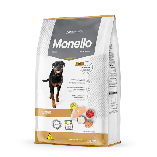 Monello Premium Especial Cães Adulto Tradicional Frango 15Kg - A nova Monello Cães Adultos Tradicional Frango possui digestibilidade superior a 80%, o que significa que ela fornece ainda mais energia e vitalidade para os pets. Com maior aproveitamento do alimento, causado pelo uso de proteínas de qualidade e pela adição de  MOS - mananoligossacarídeos, prebiótico que atua na saúde intestinal ao garantir a máxima absorção dos nutrientes, a fórmula proporciona um desenvolvimento mais saudável para o pet. O extrato de Yucca schidigera atua no intestino dos cães, diminuindo o volume e o odor das fezes e contribuindo para um ambiente mais higiênico. O hexametafosfato de sódio, adicionado na fórmula, cuida da saúde bucal, combatendo o tártaro e o mau hálito e prevenindo problemas relacionados ao acúmulo de bactérias. Ah, Monello Tradicional continua com a sua receita original, com o sabor que os pets amam.