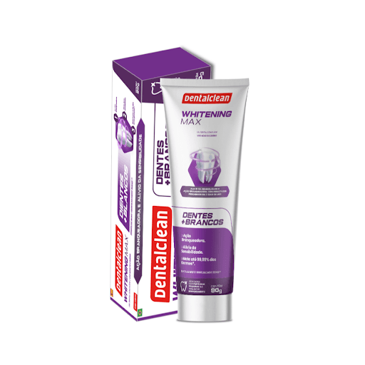 Gel Dental com Flúor Whitening Max 90g - Dentalclean - A fórmula Whitening Max tem partículas polidoras que removem as manchas causadas pelos alimentos, recuperando assim, a cor natural dos dentes. Sua fórmula também conta com flúor ativo, que fortalece o esmalte dos dentes. Além disso, ele auxilia no combate a gengivite e mata 99,9% dos germes garantindo proteção por até 13 horas.