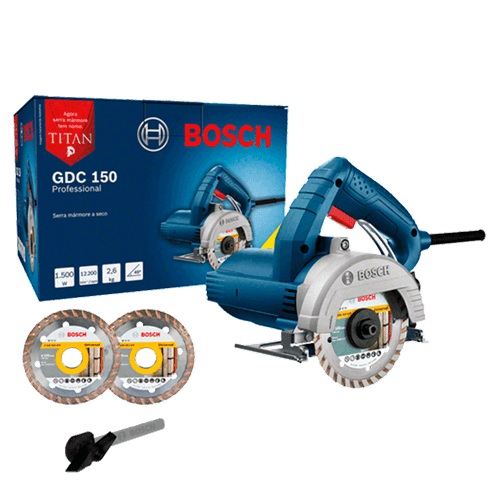Serra Mármore Bosch a seco GDC 150 TITAN 1500W 220V - A Serra Mármore a seco Bosch GDC 150 TITAN, é a única ferramenta do mercado que alcanca espaços que as outras não alcançam, além de ser leve e compacta, possui placa-base de fácil ajuste e remoção, alto torque e maior velocidade nas diversas aplicações.
