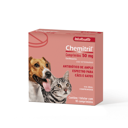 Chemitril Cp 50Mg - Antibiótico  indicado para cães e gatos, no tratamento de infecções respiratórias, gastrintestinais, dérmicas, urogenitais, ouvido e profilaxia das infecções pós operatórias.