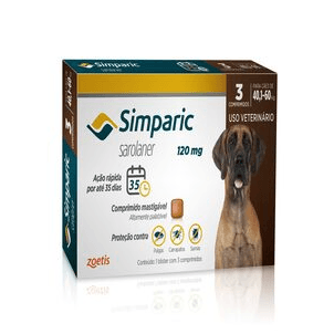 Simparic - Elimina carrapatos, pulgas e sarnas - 120 mg para Cães de 40,1 a 60 kg - 3 Comprimidos - Simparic é um comprimido saboroso que combate carrapatos, pulgas e sarnas em cães. É eficaz, seguro e possui ação rápida.
•	Princípio ativo: Sarolaner
•	Apresentação indicada para cães de 40,1 a 60 kg, à partir de 8 semanas de idade;
•	Ação rápida e sustentada, age em 3 horas com efeito sustentado por 35 dias;
•	Proteção e contra 11 espécies de carrapatos, pulgas e três tipos de sarna (sarcóptica, demodécica e otodécica);
•	Desenvolvido para cães de todas as raças e portes;
•	Diga SIM para Simparic!
Consulte sempre seu médico-veterinário.