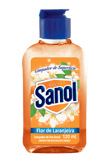 Limpador De Superfícies Flor De Laranjeira Sanol 120Ml - Produto super concentrado com apenas de 5 a 7 gotas para 1 litro de água. Controla o cheiro ruim de lixeiras, cozinhas, banheiros, canis e outros ambientes.