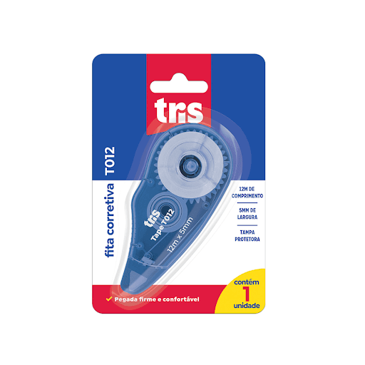 Fita Corretiva T012 - 12Mx5Mm - Tris - A fita corretiva T012 possui design ergonômico, com zona de manuseio antideslizante e tampa protetora! Secagem rápida. Dimensões da fita: 12mx5mm. Cor azul. - Resinas termoplásticas, pigmentos, polímeros e aglutinantes.