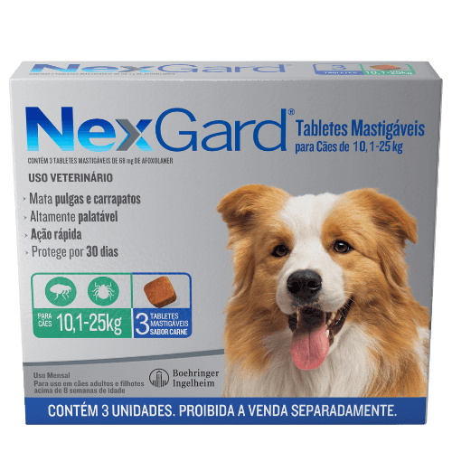 NexGard Antipulgas e Carrapatos para Cachorros de 10,1 a 25kg 3 tabletes - NexGard® é um tablete mastigável altamente palatável que seu cão vai adorar. Com um rápido início de ação, ele atinge 100% de eficácia contra pulgas em apenas 8 horas, matando-as antes que coloquem ovos.