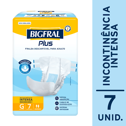 Fralda Plus G 7 Unidades - Bigfral - A Bigfral Plus foi desenvolvida para adultos com incontinência urinária intensa. Possui rápida absorção e barreiras antivazamento que proporcionam segurança e uma pele mais seca. O Sistema Antiodor neutraliza odores para mais conforto.