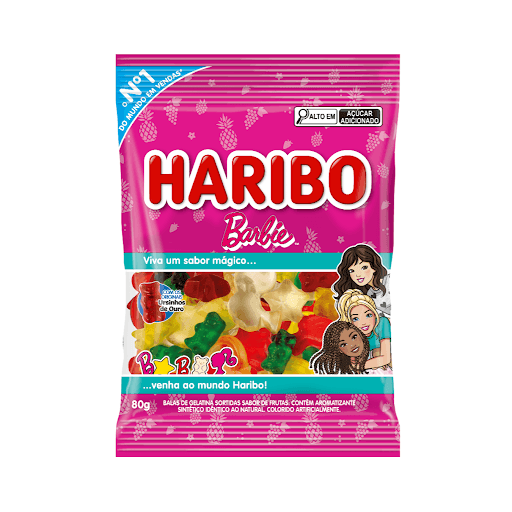 Bala de Gelatina Barbie Frutas Sortidas 80g - Haribo - Vai ser impossível resistir a esse mix! Formatos exclusivos Barbie™ com o tradicional sabor de frutas sortidas da Haribo! Contém os originais Ursinhos de Ouro!