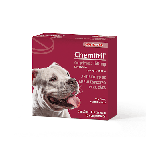 Chemitril Cp 150Mg - Antibiótico  indicado para cães, no tratamento de infecções respiratórias, gastrintestinais, dérmicas, urogenitais, ouvido e profilaxia das infecções pós operatórias.
