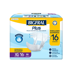 Fralda Plus Xg 16 Unidades - Bigfral - A Bigfral Plus foi desenvolvida para adultos com incontinência urinária intensa. Possui rápida absorção e barreiras antivazamento que proporcionam segurança e uma pele mais seca. O Sistema Antiodor neutraliza odores para mais conforto.