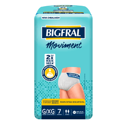 Roupa Íntima Moviment Gd/Eg 7 Unidades - Bigfral - Bigfral Moviment é a roupa íntima descartável ideal para incontinência moderada a intensa, desenvolvida para homens e mulheres. Absorve em segundos mantendo a umidade longe da pele e deixando-a até 2x mais seca. As barreiras de proteção antivazamento e o controle de até 100% dos odores proporcionam segurança para que você desfrute seu dia e se movimente com confiança.