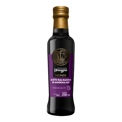 Aceto Balsâmico Di Modena IGP 250ml - Este vinagre de coloração escura e sabor singular tem um aroma encorpado e o perfeito equilíbrio entre o doce e o ácido. Produzido através de uma longa fermentação do suco de uvas frescas em barris - com uma pequena adição de vinagre de vinho branco, é uma experiência aromática que surpreende o paladar e pode trazer um sabor requintado para saladas, peixes, carnes e molhos.

Os Vinagres Balsâmicos Monde são originalmente italianos. Produzidos e embalados diretamente na região de Modena, Itália, possuem um certificado de origem (Indicazione Geografica Protetta) no verso da embalagem, que garante sua procedência.