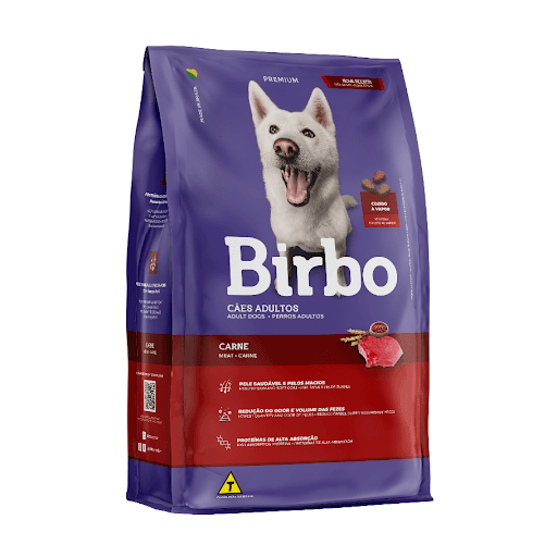 Birbo Premium Carne - Birbo Cães Adultos Carne é um alimento nutricionalmente completo para cães adultos. O uso de ingredientes selecionados, ômegas 3 e 6 proporcionam uma alimentação balanceada enriquecida com vitaminas e minerais, essenciais a manutenção da boa saúde do seu cão. Contém extrato de Yucca schidigera, ingrediente funcional que atua a nível intestinal, contribuindo com a redução no odor das fezes.