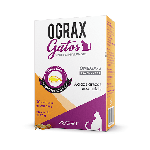 Ograx Gatos Cap x 30 - Avert - OGRAX GATOS  é um suplemento alimentar composto por Ômega-3 com doses ideais e elevada pureza da matéria prima