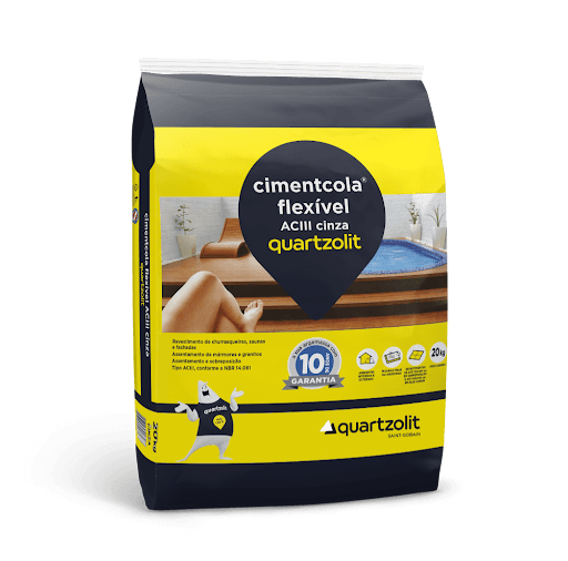 argamassa cimentcola flexivel ACIII  cinza 20kg quartzolit - Cimentcola para sobreposição e assentamento de porcelanatos, cerâmicas, mármores, granitos e pedras naturais de uso interno e externo tipo ACIII, conforme NBR 14.081.







Churrasqueiras, piscinas e saunas



Porcelanatos, mármores, granitos e cerâmicas



Pisos e paredes internas e externas



Revestimentos de até 60 x 60 cm com absorção de água de 0,5% a 6% em fachadas



Revestimentos de até 120 x 120 cm (sobreposição) 140 x 140 cm (base comum)



72 h para rejuntar



7 dias para liberação total  Encontre argamassa cimentcola flexível ac3 quartzolit no material de construção pertinho de você.