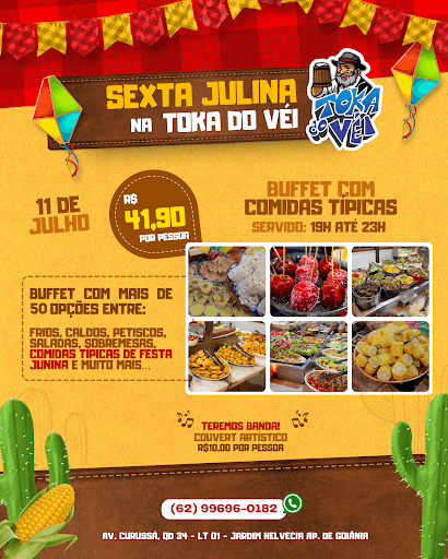 HOJE TEM ARRAIÁ DE COMIDAS GOSTOSAS!!! 

Abrimos às 16h com cardápio à la carte e às 19h começa o buffet à vontade.
Vai ter banda ao vivo e mais de 50 opções de comidas típicas te esperando.🍿🌽🥗🍎🍮

Telefone para mais informações: 📲 (62) 99696-0182
Endereço: Av. Curussá qd 34 lt 01 Jardim Helvécia, Aparecida de Goiânia -Go.