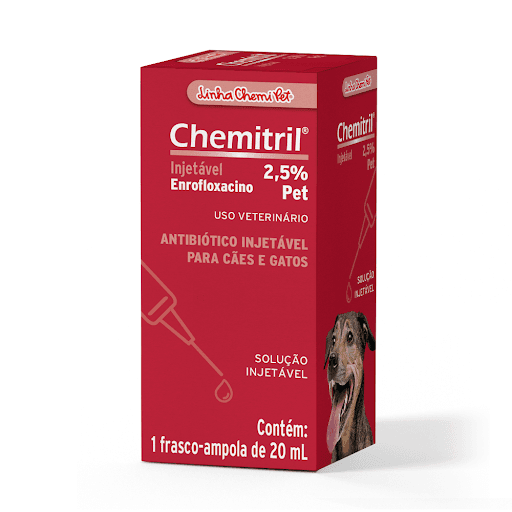 Chemitril 2,5% Pet Inj. 20ml - Antibiótico injetável indicado para cães, gatos e suínos, no tratamento de infecções respiratórias, gastrintestinais, dérmicas, urogenitais, ouvido e profilaxia das infecções pós operatórias.