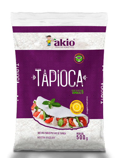 Akio Tapioca Pacote 500g - A mais tradicional Tapioca Akio vendida em pacotes de 500g e 1kg.
Ingredientes: Fécula de mandioca, água, conservador INS 202. Não contém Glúten.