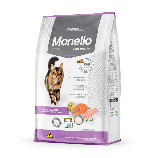 Monello Premium Especial Gatos Adultos Castrados Peru & Salmão 10,1Kg - A nova Monello Gatos Castrados Peru e Salmão é desenvolvida especialmente para a fase pós-castração dos felinos, quando eles costumam reduzir o ritmo das atividades, ficando mais propensos à obesidade. Por isso, a fórmula possui calorias reduzidas e adição de L-carnitina, substância que atua na transformação da gordura em energia. O alimento contém ainda polpa de beterraba, um ingrediente nobre e rico em fibras que garante uma série de benefícios ao agir diretamente na saúde intestinal e provocar maior saciedade após as refeições. Além disso, a receita é desenvolvida para agradar o paladar exigente dos felinos, por isso conta com a adição de farinha e óleo de salmão e farinha de peru, que deixam o alimento mais atrativo e saboroso. A Monello Gatos Castrados é livre de corantes e aromatizantes artificiais.