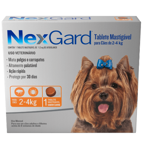 Nexgard Antipulgas e Carrapatos para Cachorros de 2 a 4kg 1 tablete - NexGard® é um tablete mastigável altamente palatável que seu cão vai adorar. Com um rápido início de ação, ele atinge 100% de eficácia contra pulgas em apenas 8 horas, matando-as antes que coloquem ovos.