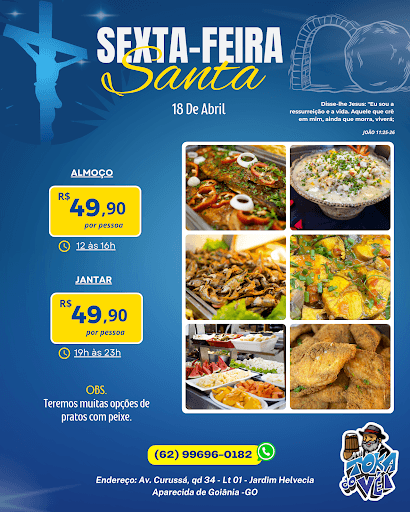 Um buffet muito especial com inúmeras opções COM PEIXE tanto no almoço quanto no jantar.