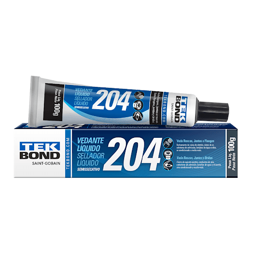 Veda Rosca Vedante Liquido 204 Tekbond 100g

Produto indicado para flanges e roscas que promove uma vedação perfeita. De fácil aplicação, resiste a óleos, água, gasolina, entre outros.
O vedador 204 é resistente à água, óleo e gasolina, proporcionando montagens de melhor desempenho com qualidade e aumento da vida útil, significando uma boa redução de custos.
O 204 é um composto à base de resinas sintéticas, diferentemente das juntas sólidas convencionais.

Modo de Uso:
As superfícies das peças deverão estar perfeitamente limpas, portanto é importante que sejam removidos o óleo, a ferrugem, graxas e outros elementos contaminantes. Aplique o vedador em uma ou ambas as superfícies e aguarde pela evaporação dos solventes (aproximadamente 5 minutos), de forma que o vedador esteja livre ao toque, junte as partes.

Dados Técnicos:
Aparência (visual):Pasta branca
Densidade a 25 ºC (g/mL): 1,38 à 1,41
Viscosidade a 25 ºC (cps): 26.000 à 32.000
Temperatura de trabalho: - 30 à 150°C
Teor de sólidos: 42 %
Preenchimento de folga:  até 0,30 mm