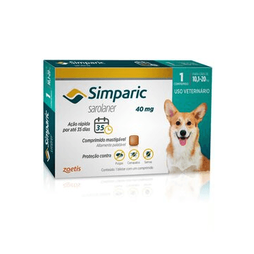 Simparic - Elimina carrapatos, pulgas e sarnas - 40 mg para Cães de 10,1 a 20 kg - 1 comprimido - Cães e Gatos Zoetis - Simparic é um comprimido saboroso que combate carrapatos, pulgas e sarnas em cães. É eficaz, seguro e possui ação rápida.

•	Princípio ativo: Sarolaner

•	Apresentação indicada para cães de 10,1 a 20 kg, à partir de 8 semanas de idade;

•	Ação rápida e sustentada, age em 3 horas com efeito sustentado por 35 dias;

•	Proteção e contra 11 espécies de carrapatos, pulgas e três tipos de sarna (sarcóptica, demodécica e otodécica);

•	Desenvolvido para cães de todas as raças e portes;

•	Diga SIM para Simparic!

Consulte sempre seu médico-veterinário.