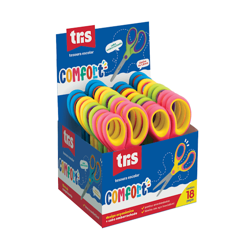 Tesoura Escolar Comfort - 15Cm - Tris - Essa tesoura é puro conforto para a criançada! Com pontas arredondadas, cabo com textura emborrachada que proporciona mais conforto na hora de recortar. Possui 15cm de comprimento e espessura de lâmina 1,5mm. Cores sortidas. - Resinas termoplásticas, aço inoxidável e borracha.