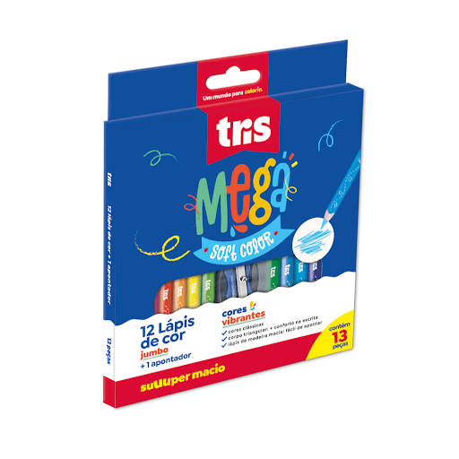 Lápis De Cor Jumbo Mega Soft Color - 12 Cores + Apontador - Tris - Lápis de madeira! Com corpo triangular, traço super macio e cores vibrantes, o lápis de cor MEGA SOFT COLOR Jumbo possui excelente cobertura, além do tamanho jumbo, ideal para mãozinhas pequenas. Acompanha apontador com lâmina antiferrugem