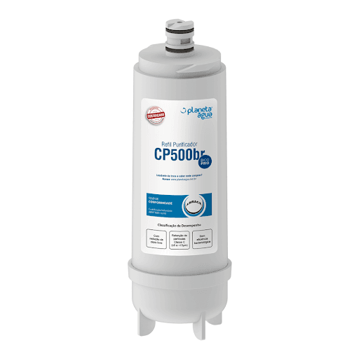 Refil Planeta Água, CP500BR. Compatível Com Purificador: Masterfrio (refil de rótulo branco) e New Up, 1070A - Este refil tem certificação voluntária, ou seja, sua qualidade foi testada e comprovada, possui excelente redução de cloro, retém partículas de sujeiras como: areia, ferrugem, e barro... Inibe o crescimento de bactérias. *As marcas citadas são propriedades de seus respectivos fabricantes e aparecem apenas para demonstrar a compatibilidade deste produto.