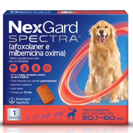NexGard Spectra Antipulgas e Carrapatos e Vermífugo para Cães de 30,1 a 60kg 1 tablete - NEXGARD SPECTRA® possui cinco faixas de peso, sendo seguro para todas as raças de cães. Se o peso do seu cão for superior a 60 kg, complemente a dosagem com um tablete adicional equivalente ao peso em falta. Mata, trata e controla pulgas e carrapatos, além de ser indicado para o tratamento de infecções por vermes nematódeos gastrintestinais adultos, como ascarídeos (Toxocara canis), ancilostomatídeos (Ancylostoma sp.) e tricurídeos (Trichuris vulpis). Também é indicado para o tratamento e prevenção de infestações por pulgas, carrapatos e sarna otodécica (sarna de ouvido) em cães adultos e filhotes a partir de 8 semanas de idade e peso corporal mínimo de 2,0 kg.