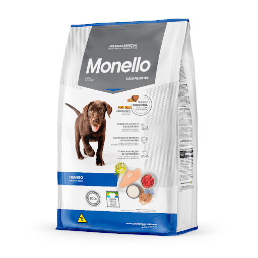 Monello Premium Especial Cães Filhotes Frango - A nova Monello Cães Filhotes Frango foi reformulada e passou a apresentar ainda mais benefícios para o desenvolvimento equilibrado e saudável dos peludinhos. Ela conta com a adição do extrato de Yucca schidigera e do MOS - Mananoligossacarídeo, que  atuam diretamente na manutenção da flora intestinal, promovendo maior absorção e, consequentemente, máximo aproveitamento dos nutrientes, minerais e proteínas pelo organismo dos cães filhotes. A fórmula também beneficia as defesas do corpo, aumentando a imunidade e proporcionando um crescimento seguro e cheio de energia. O óleo de salmão, ingrediente nobre que foi incluído no alimento, é rico em substâncias que agem naturalmente no fortalecimento do sistema cognitivo dos pets, viabilizando um crescimento saudável e uma vida mais ativa. A Monello Cães Filhotes Frango ainda conta com nuggets recheados, o que torna o momento da refeição mais saboroso.