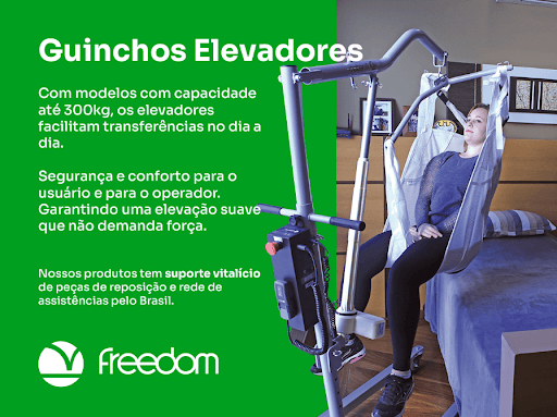 Os guinchos elevadores da Freedom tornam prática a transferência no dia a dia, garantindo segurança e conforto tanto para o usuário quanto para o operador. Seu sistema de levante elétrico torna desnecessária a força física do operador.

Disponíveis em diversos tamanhos com várias regulagens na estrutura, podendo atingir a altura de até 1,37m. A base possui rodas com freios para sua praticidade e segurança. A célula digital de carga mostra o peso do usuário. Confira esse e outros produtos Freedom.