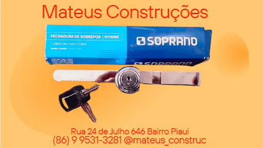 ''🔒 Fechadura Soprano para Vitrine — Segurança e Estilo para seu Negócio!

Garanta a proteção da sua vitrine com a Fechadura Soprano, ideal para portas de vidro — resistente, moderna e fácil de instalar.
💥 Preço especial na Mateus Construções!

📍 Rua 24 de Julho, 646 – Bairro Piauí, Parnaíba (PI)
🕗 Segunda a sábado | Atendimento rápido e com orientação técnica
📞 (86) 99531-3281
#menor preco#mateusconstrucoes''
