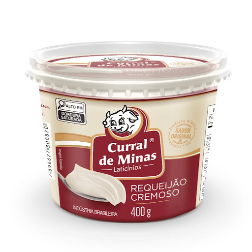 Requeijão Cremoso 400g - Massa acidificada (Leite pasteurizado desnatado e regulador de acidez acido latico (INS 270)), creme de leite, cloreto de sodio (sal), estabilizantes: difosfato tetrasodico (INS 450iii), tripolifosfato de sodio (INS 451i) e polifosfato de sodio (INS 452i), conservador sorbato de potassio (INS 202) e nisina (INS 234).