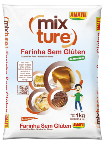 Mixture Farinha Sem Gluten Amafil 1Kg - MIXTURE é uma farinha a base de mandioca, desenvolvida para substituir a farinha de trigo conferindo sabor, estrutura e textura para as mais diversas preparações como bolos, tortas, pudins, quiches, bolinhos de chuva, panquecas, pães (sovados ou de liquidificador), pizzas e etc.



Substitua a farinha de trigo da receita na seguinte proporção: 1 xícara de farinha de trigo comum equivale a 3/4 xícara de MIXTURE.



Composição: Farinha de mandioca, farinha de arroz e fécula de batata. Estabilizante INS 415. NÃO CONTÉM GLÚTEN.



Nota: não é indicada para massas cilindradas.