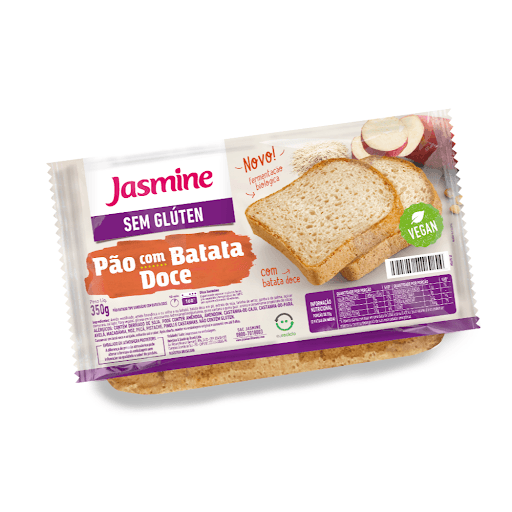 Pão Batata Doce sem Glúten Jasmine Pacote 350g - Com farinha de sorgo e fonte de fibras. Os produtos Jasmine sem Glúten acompanham o estilo de vida e a rotina de alimentação saudável de quem precisa de algo prático, saboroso e com alto valor nutritivo para manter o cuidado com a saúde, sem abrir mão da qualidade.