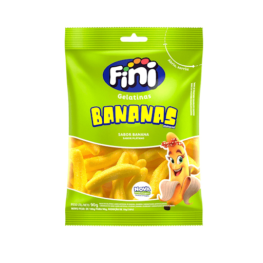 Bananas Fini 90g - Nossas Bananas Fini são cremosas, macias, docinhas e vem direto do cacho pra você! Além de clássicas, são uma delícia, experimente! Em formato e sabor de banana com acabamento açucarado, na cor amarela.