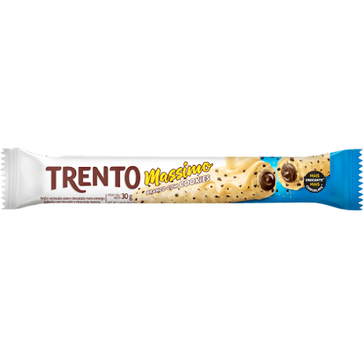 Trento Massimo Branco Com Cookies 30G - Wafer recheado sabor chocolate meio amargo coberto com cookies e chocolate branco.