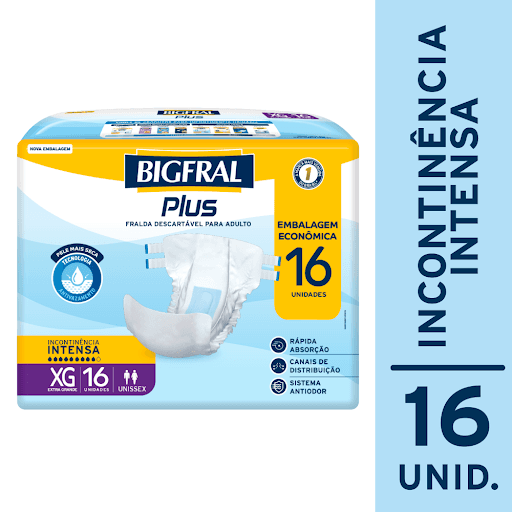 Fralda Plus Xg 16 Unidades - Bigfral - A Bigfral Plus foi desenvolvida para adultos com incontinência urinária intensa. Possui rápida absorção e barreiras antivazamento que proporcionam segurança e uma pele mais seca. O Sistema Antiodor neutraliza odores para mais conforto.