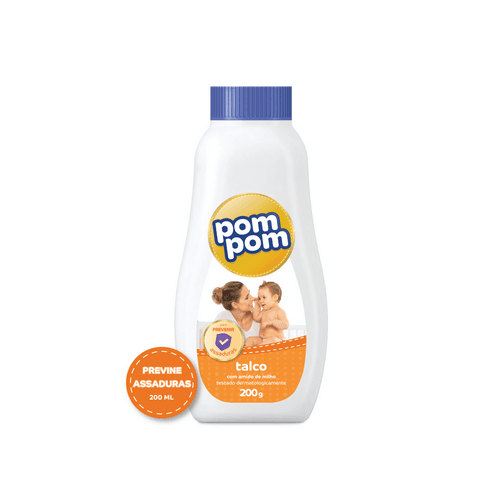 Talco Com 200G - Pom Pom - O novo Talco Pom Pom protege a pele do bebê contra o atrito e a umidade, que podem causar assaduras e irritações. Feito com amido de milho, garante suavidade e maciez à pele.