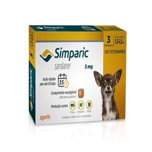 Simparic - Elimina carrapatos, pulgas e sarnas - 5 mg para Cães de 1,3 a 2,5 kg - 3 Comprimidos - Simparic é um comprimido saboroso que combate carrapatos, pulgas e sarnas em cães. É eficaz, seguro e possui ação rápida.

•	Princípio ativo: Sarolaner

•	Apresentação indicada para cães de 1,3 a 2,5 kg, à partir de 8 semanas de idade;

•	Ação rápida e sustentada, age em 3 horas com efeito sustentado por 35 dias;

•	Proteção e contra 11 espécies de carrapatos, pulgas e três tipos de sarna (sarcóptica, demodécica e otodécica);

•	Desenvolvido para cães de todas as raças e portes;

•	Diga SIM para Simparic!

Consulte sempre seu médico-veterinário.