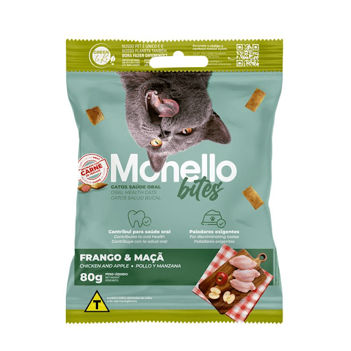 Monello Bites Gatos Saude Oral - Descubra o Monello Bites, o snack perfeito para oferecer ao seu gato uma experiência única e irresistível! Criado com ingredientes de alta qualidade, esse petisco combina sabor e crocância em cada mordida. Elaborado com proteínas, frutas e legumes, Monello Bites garante uma alimentação saudável, balanceada e rica em vitaminas e nutrientes essenciais para a saúde felina. E o melhor: cada unidade possui apenas 2 calorias, permitindo que você mimar seu gatinho com tranquilidade, sem prejudicar sua saúde. Proporcione momentos de prazer e bem-estar ao seu pet, com o compromisso de sempre manter sua qualidade de vida em primeiro lugar!