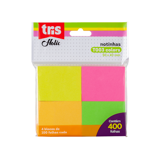 Nota Autoadesiva Colors Holic Pop T003 - Bloco C/ 100 Folhas - Tris - São 4 blocos de 100 folhas cada em cores neon. O papel aceita escrita, é fácil de aplicar e reposicionável! Em tamanho super prático pra carregar no estojo. Dimensões: 50x40mm. - Papel e adesivo.