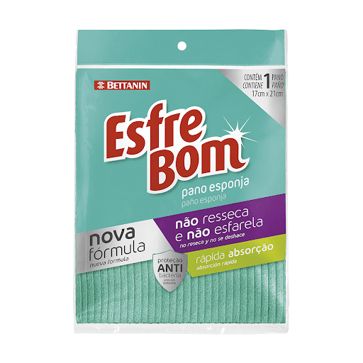 Pano Esponja Vegetal Esfrebom Bettanin - Multicoisas - O Pano Esponja da Esfrebom Bettanin se destaca entre os produtos da categoria por sua máxima Absorção e combate à proliferação de fungos e bactérias. Por onde passa, limpa sem deixar marcas as mais diferentes superfícies. A textura menor desliza facilitando a limpeza e a textura maior adere nas mãos para que o pano não escorregue. Mede 17 x 19cm.