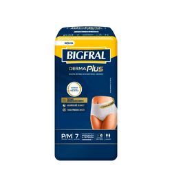 Roupa Íntima Pq/Md 7 Unidades - Bigfral - A nova roupa íntima Bigfral Derma Plus possui sistema de proteção total da pele, é dermatologicamente testada, absorve até 2x mais para que a pele não fique úmida deixando-a mais seca e protegida e possui toque fresco e macio. Indicada para HOMENS e MULHERES com incontinência urinária moderada a intensa. Veste como sua roupa íntima habitual e garante todo conforto e segurança para manter sua rotina.