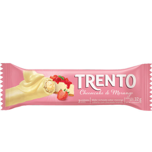 Trento Cheesecake De Morango 32G - Wafer recheado sabor morango coberto com chocolate branco.