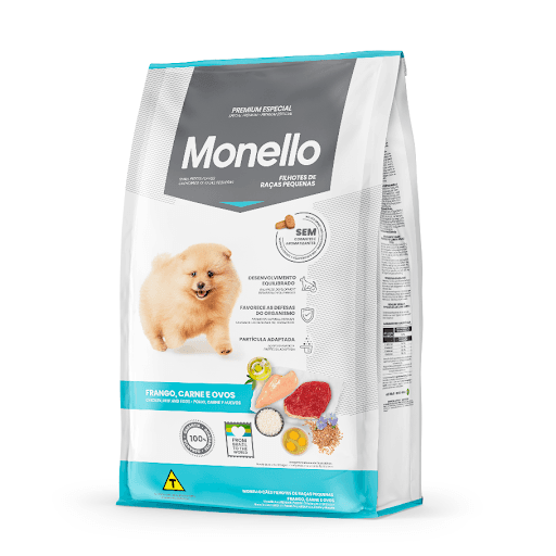 Monello Premium Especial Cães Filhotes Raças Pequenas Carne & Ovo - A Monello Cães Filhotes Raças Pequenas Frango, Carne e Ovos é um produto completamente novo na linha de alimentos. Com partícula adaptada, ele proporciona fácil mastigação e uma refeição mais saborosa. A adição do óleo de salmão auxilia no amadurecimento cognitivo, necessário para um crescimento saudável. A fórmula ainda conta com a presença de ovos em pó. O alimento que é considerado a fonte mais rica em proteína existente atua na manutenção da musculatura e no desenvolvimento equilibrado dos filhotes, dando todo o suporte necessário para a fase inicial da vida dos peludinhos. A adição de MOS - mananoligossacarídeos age na melhor absorção e aproveitamento dos nutrientes contidos no alimento. Além disso, a Monello Filhotes Raças Pequenas proporciona um ambiente mais higiênico ao inserir extrato de Yucca schidigera na formulação, uma vez que ele contribui para a diminuição do volume e do odor das fezes.