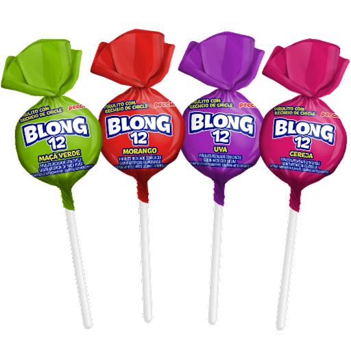 Blong 12 Sortido 600G - Pirulito recheado com chicle sortido sabores: Cereja, Maçã Verde, Morango e Uva
