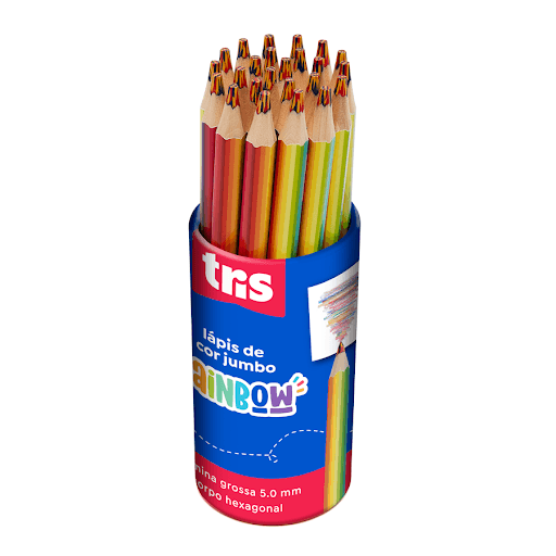 Lápis De Cor Jumbo Rainbow - Mina Multicolorida - Tris - São muuuuuuuitas cores em um lápis! Lápis de cor jumbo, com corpo hexagonal em madeira que encaixa na mão! Mina grossa de 5,5mm que evita a quebra. - Madeira, cargas, corantes e aglutinantes.